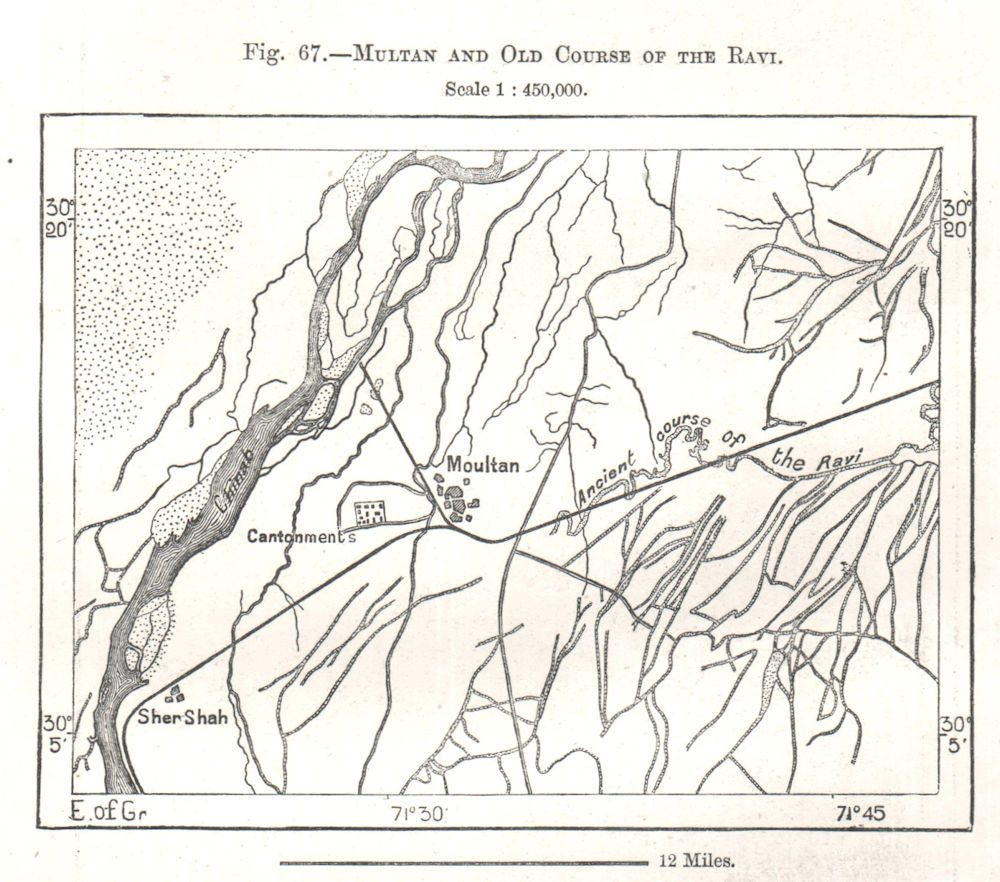 Multan and Old Course of the Ravi. Pakistan. Sketch map 1885 antique